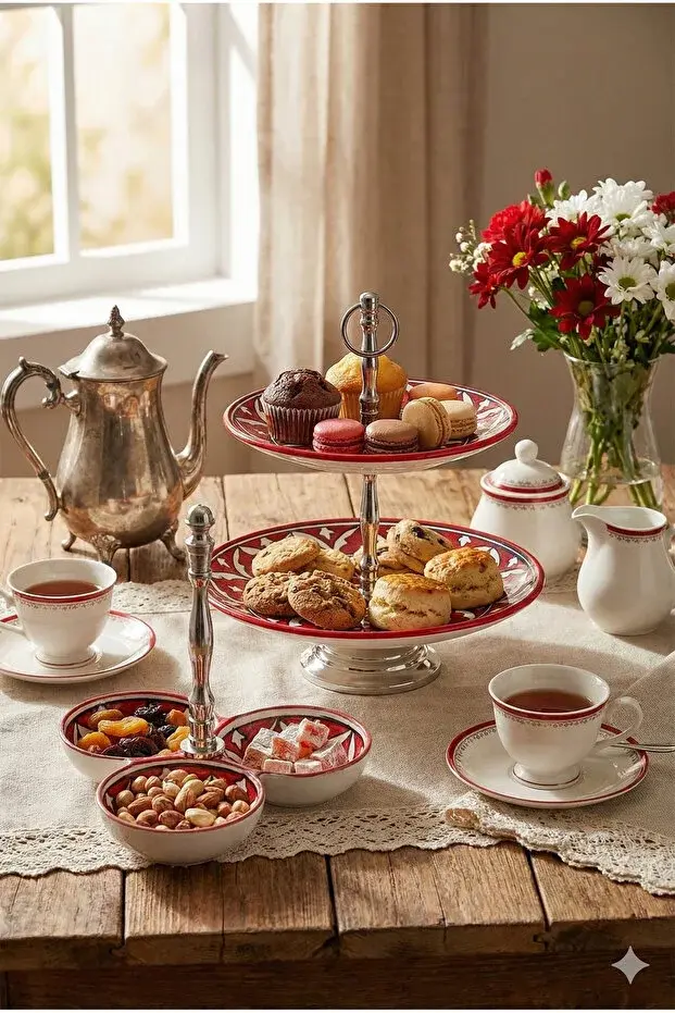 The Mia Corallo Kırmızı 2'li Sunum Seti - Kek Standı ve Çerezlik