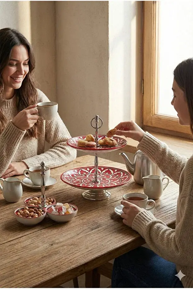 The Mia Corallo Kırmızı 2'li Sunum Seti - Kek Standı ve Çerezlik