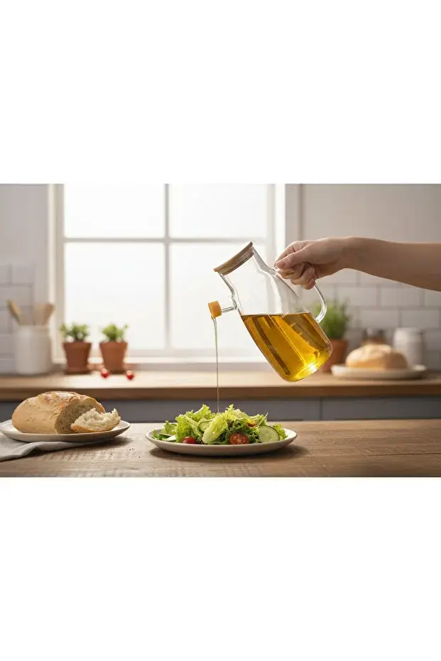 Borasilikat Bambu Kapaklı Cam Yağdanlık 1Lt