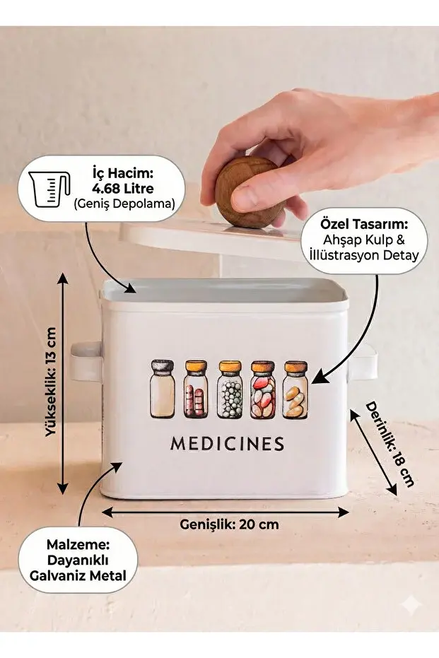 The Mia Storage Dekoratif Metal İlaç Saklama ve Organizer Kutusu Ecza Kabı