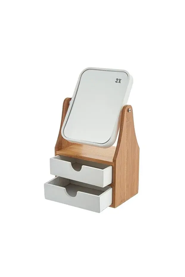 2 Çekmeceli Bambu Makyaj Aynası 17x30x10 cm