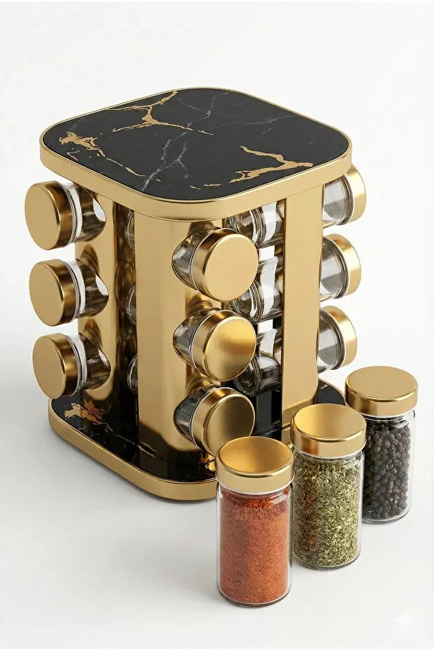 Mermer Desen Dönerli 12'li Stantlı Baharatlık Seti