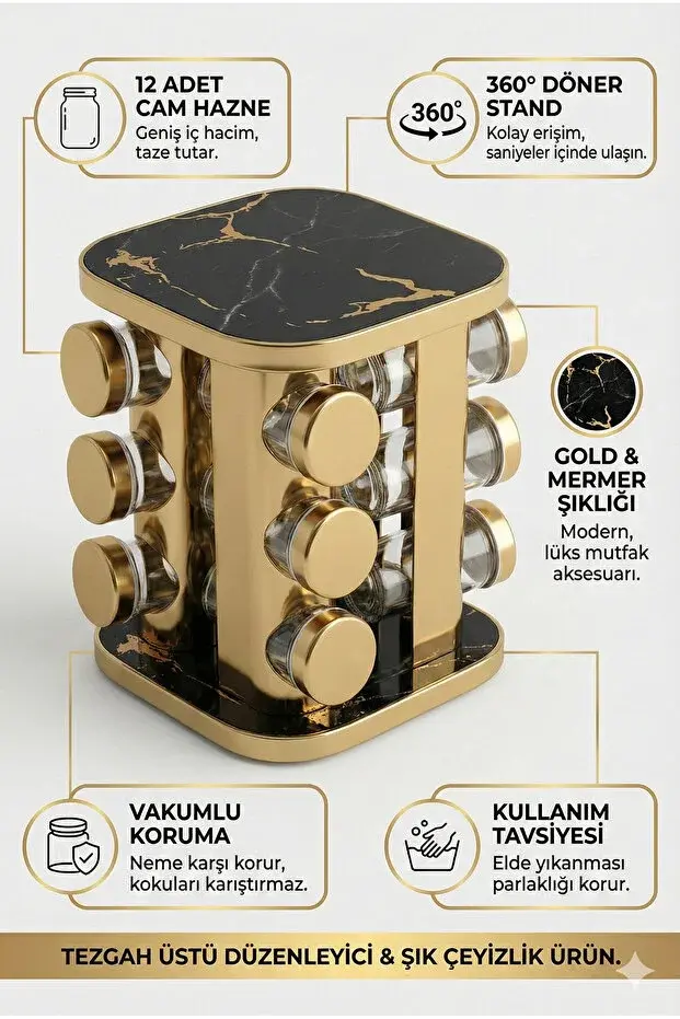 Mermer Desen Dönerli 12'li Stantlı Baharatlık Seti