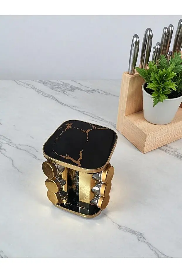 Mermer Desen Dönerli 12'li Stantlı Baharatlık Seti