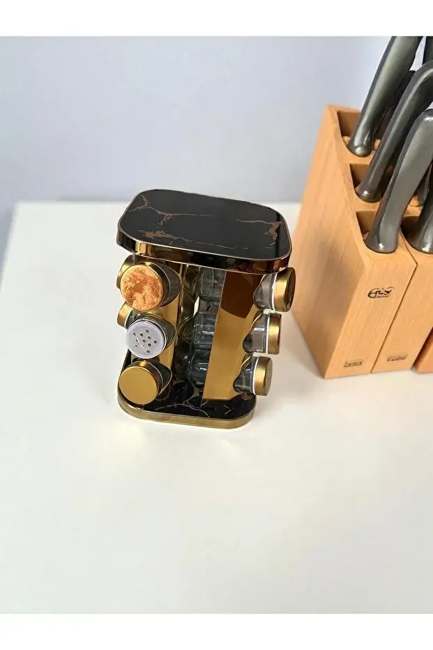 Mermer Desen Dönerli 12'li Stantlı Baharatlık Seti