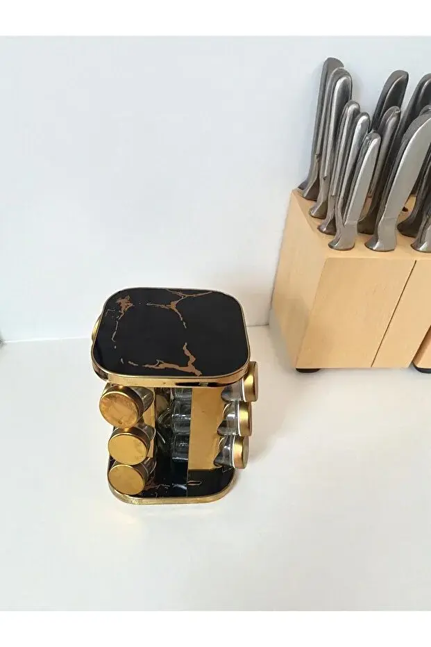 Mermer Desen Dönerli 12'li Stantlı Baharatlık Seti