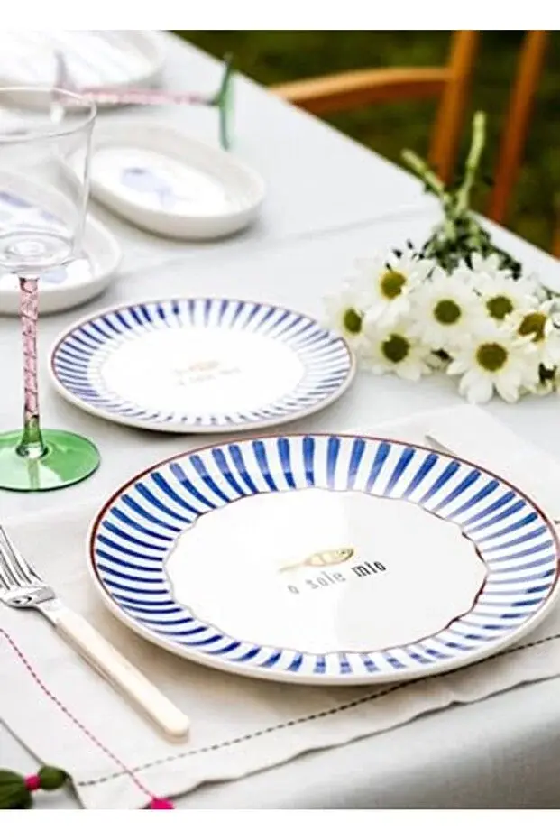 The Mia Fish Serisi 6'lı Seramik Servis Tabağı Seti 26 cm Mavi Balık Desenli Sunum Tabağı