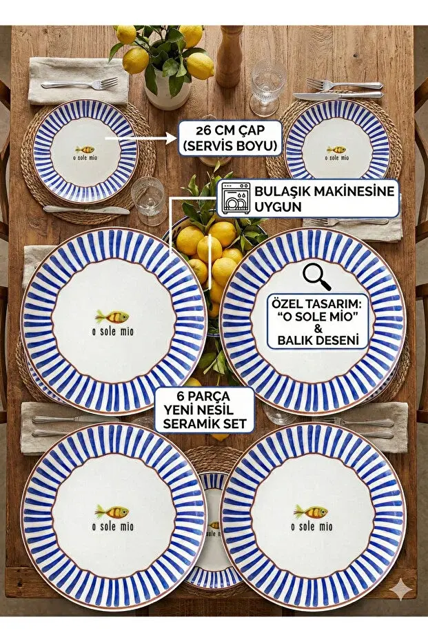 The Mia Fish Serisi 6'lı Seramik Servis Tabağı Seti 26 cm Mavi Balık Desenli Sunum Tabağı