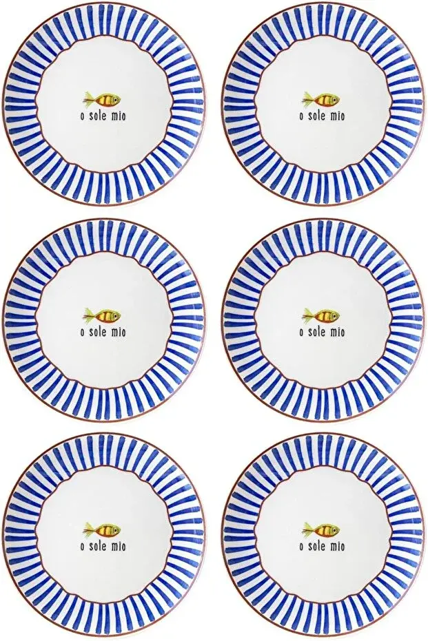 The Mia Fish Serisi 6'lı Seramik Servis Tabağı Seti 26 cm Mavi Balık Desenli Sunum Tabağı