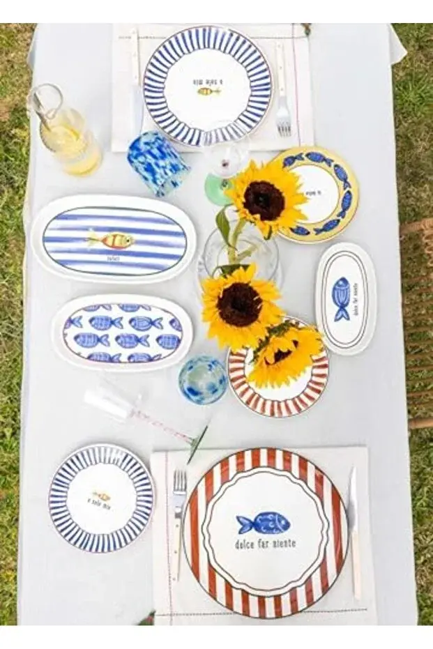 The Mia Fish Serisi 6'lı Seramik Servis Tabağı Seti 26 cm Mavi Balık Desenli Sunum Tabağı