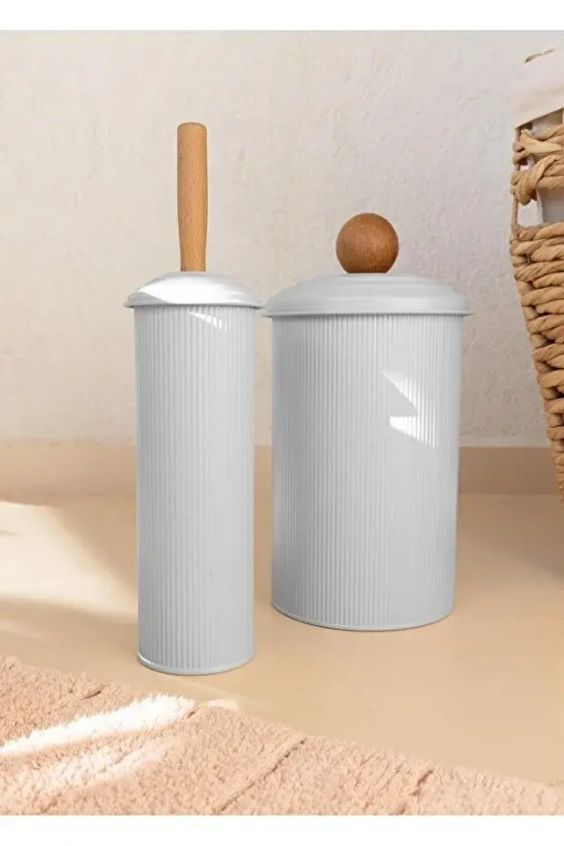 The Mia Stripe Çöp Kovası & Tuvalet Fırçası Galvaniz Banyo Seti BEYAZ