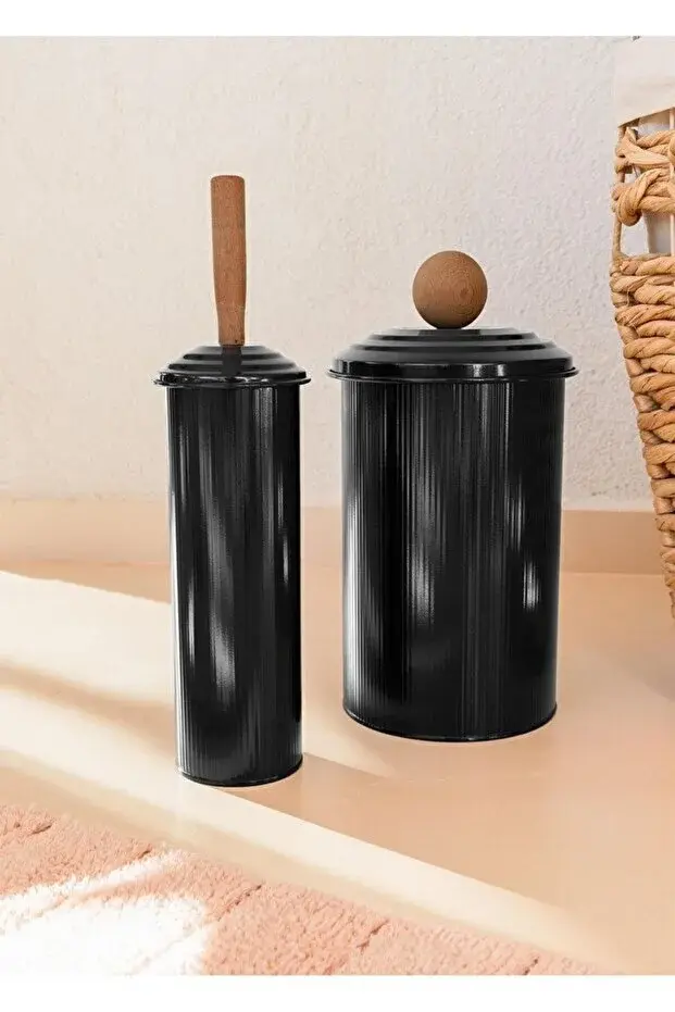 The Mia Stripe Çöp Kovası & Tuvalet Fırçası Galvaniz Banyo Seti SİYAH