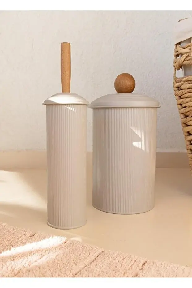 The Mia Stripe Çöp Kovası & Tuvalet Fırçası Galvaniz Banyo Seti BEJ