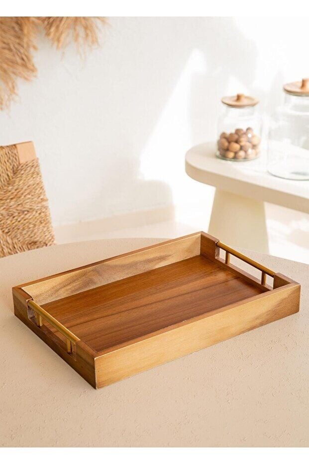 The Mia Natura Akasya Metal Kulplu Tepsi Gold 38x26x5 Cm