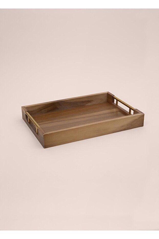 The Mia Natura Akasya Metal Kulplu Tepsi Gold 38x26x5 Cm