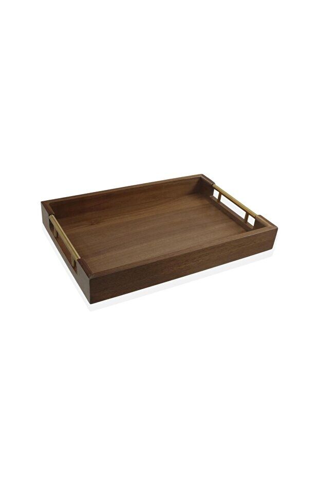 Natura Akasya Metal Kulplu Tepsi Gold 45x30x5 Cm