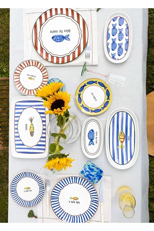 The Mia Fish Serisi 6'lı Pasta Tabağı Seti 19 cm Balık Desenli Renkli Seramik Tabak Seti