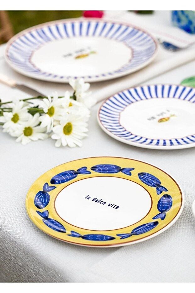 The Mia Fish Serisi 6'lı Pasta Tabağı Seti 19 cm Balık Desenli Renkli Seramik Tabak Seti