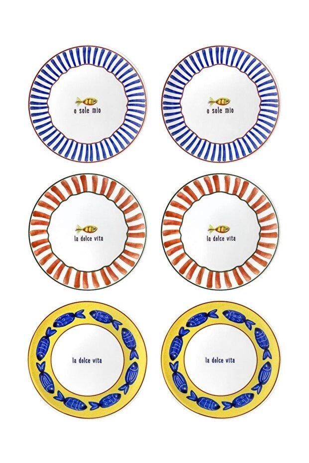 The Mia Fish Serisi 6'lı Pasta Tabağı Seti 19 cm Balık Desenli Renkli Seramik Tabak Seti