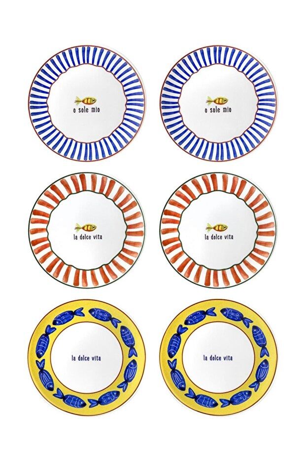 The Mia Fish Serisi 6'lı Pasta Tabağı Seti 19 cm Balık Desenli Renkli Seramik Tabak Seti