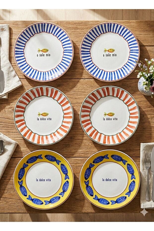 The Mia Fish Serisi 6'lı Pasta Tabağı Seti 19 cm Balık Desenli Renkli Seramik Tabak Seti