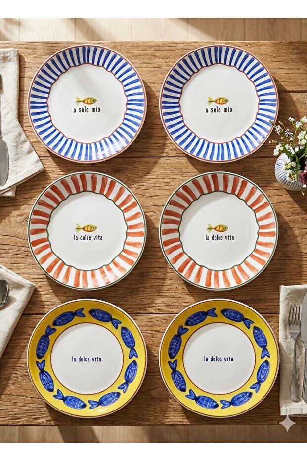 The Mia Fish Serisi 6'lı Pasta Tabağı Seti 19 cm Balık Desenli Renkli Seramik Tabak Seti