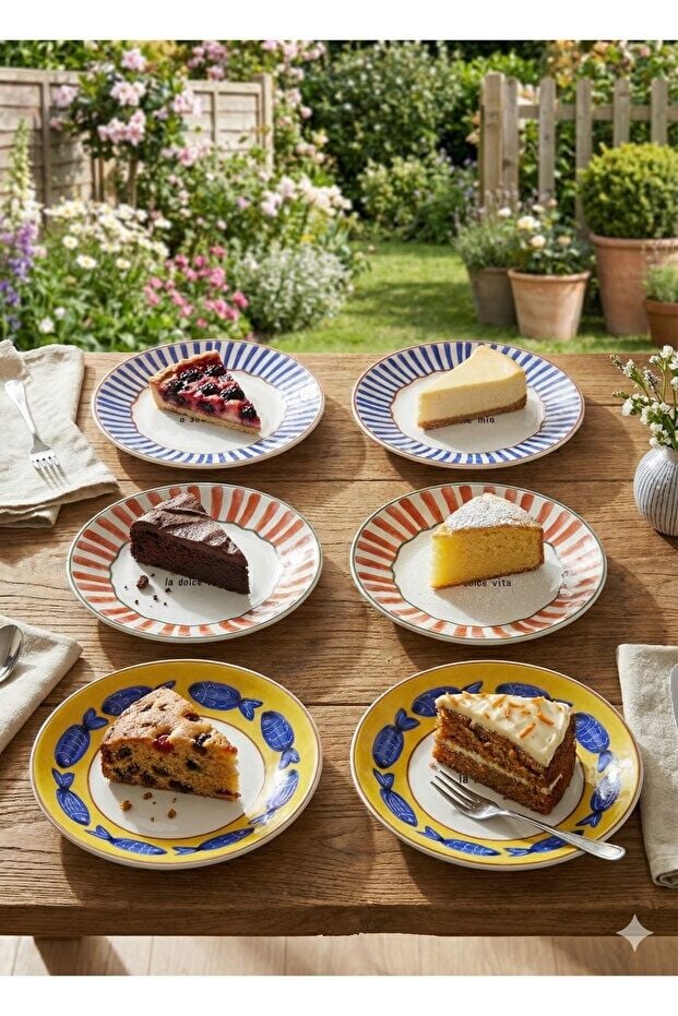 The Mia Fish Serisi 6'lı Pasta Tabağı Seti 19 cm Balık Desenli Renkli Seramik Tabak Seti