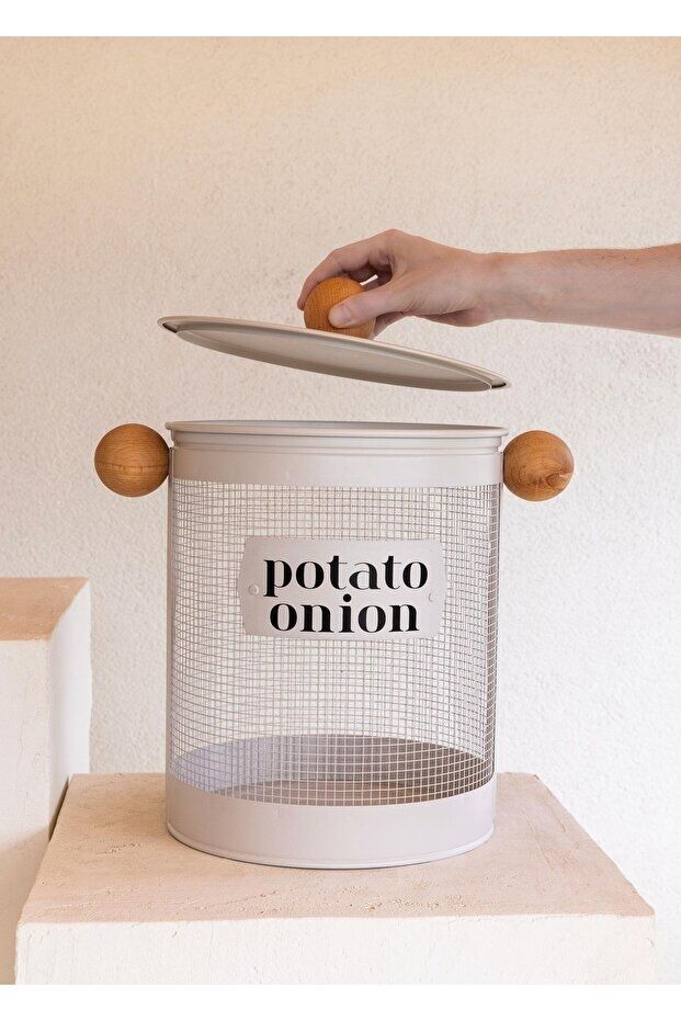 The Mia Stripe Bej Patates Soğan Kabı + Sebzelik Seti Galvaniz Metal 2’li Mutfak Düzenleyici