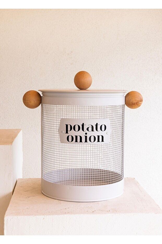 The Mia Stripe Bej Patates Soğan Kabı + Sebzelik Seti Galvaniz Metal 2’li Mutfak Düzenleyici