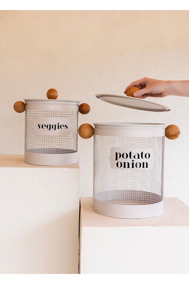 The Mia Stripe Bej Patates Soğan Kabı + Sebzelik Seti Galvaniz Metal 2’li Mutfak Düzenleyici