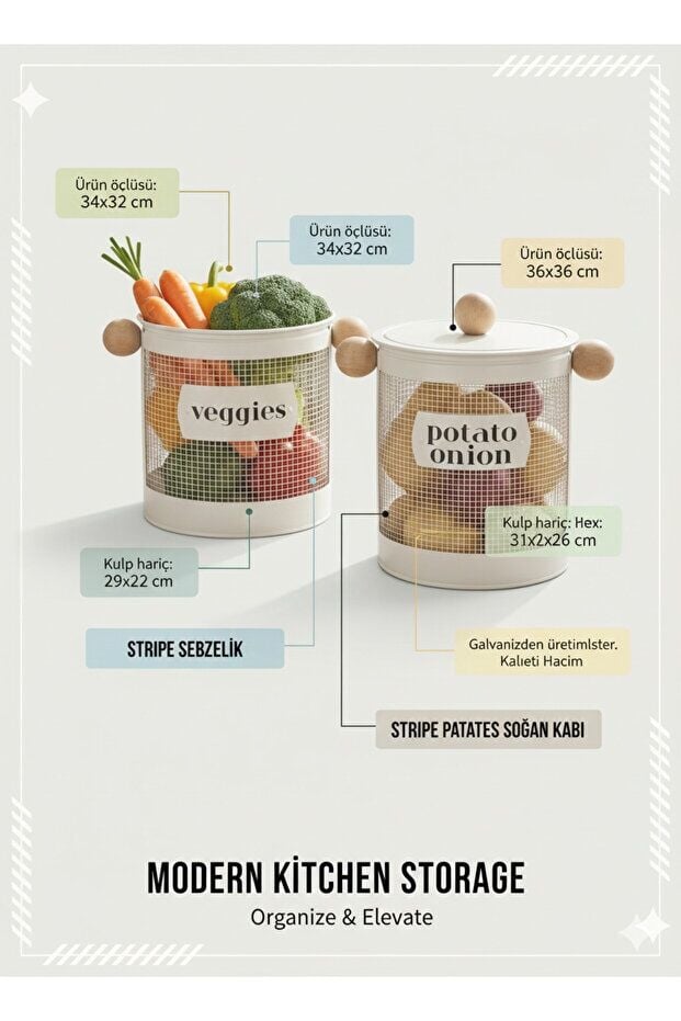The Mia Stripe Bej Patates Soğan Kabı + Sebzelik Seti Galvaniz Metal 2’li Mutfak Düzenleyici
