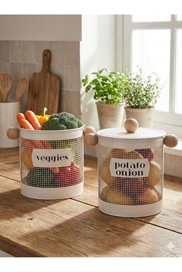 The Mia Stripe Bej Patates Soğan Kabı + Sebzelik Seti Galvaniz Metal 2’li Mutfak Düzenleyici