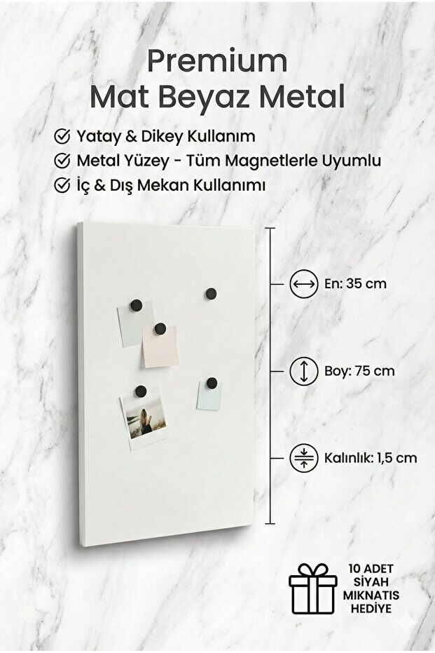 35 x 75 Cm Dekoratif Metal Mıknatıslı Pano Magnet Panosu 10 Adet Siyah Mıknatıs Hediyeli BEYAZ