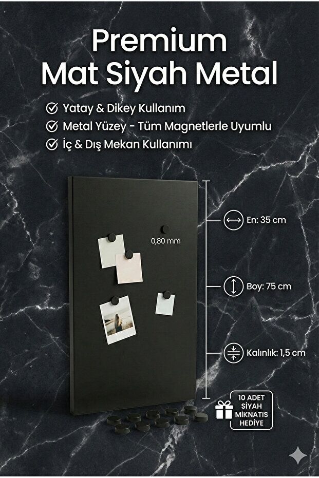 35 x 75 Cm Dekoratif Metal Mıknatıslı Pano Magnet Panosu 10 Adet Siyah Mıknatıs Hediyeli SİYAH