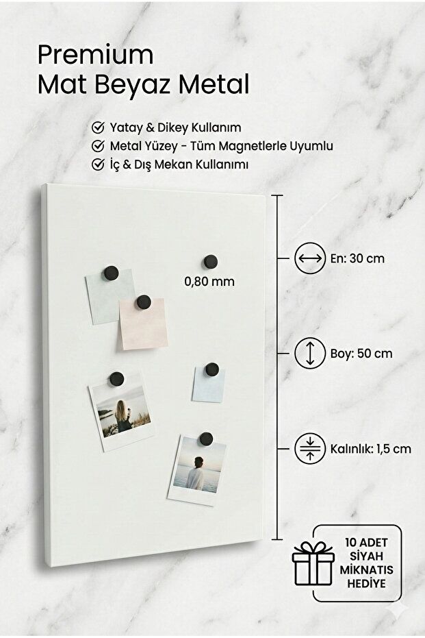 30 x 50 Cm  Dekoratif Metal Mıknatıslı Pano Magnet Panosu 10 Adet Siyah Mıknatıs Hediyeli BEYAZ