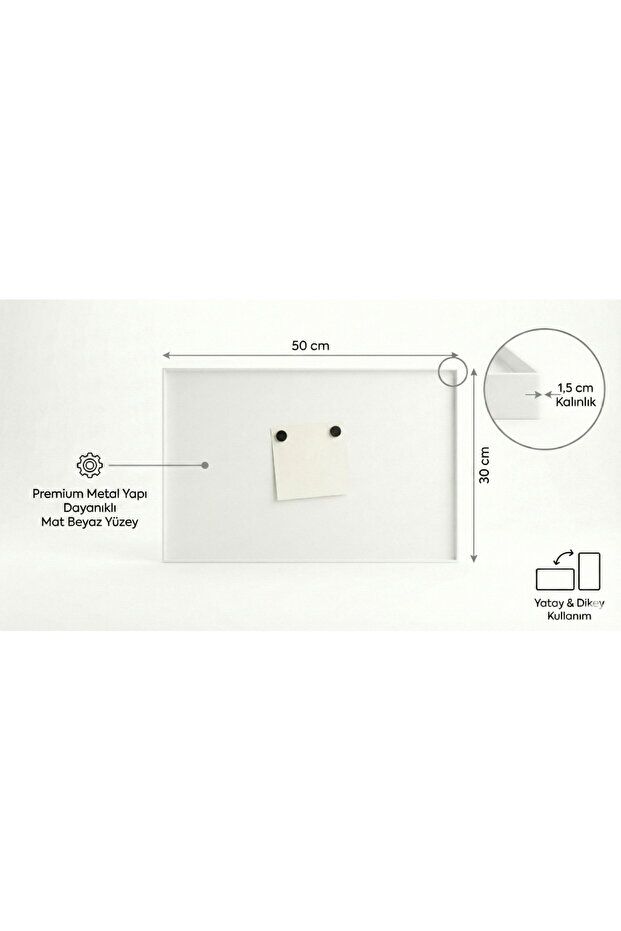 30 x 50 Cm  Dekoratif Metal Mıknatıslı Pano Magnet Panosu 10 Adet Siyah Mıknatıs Hediyeli BEYAZ