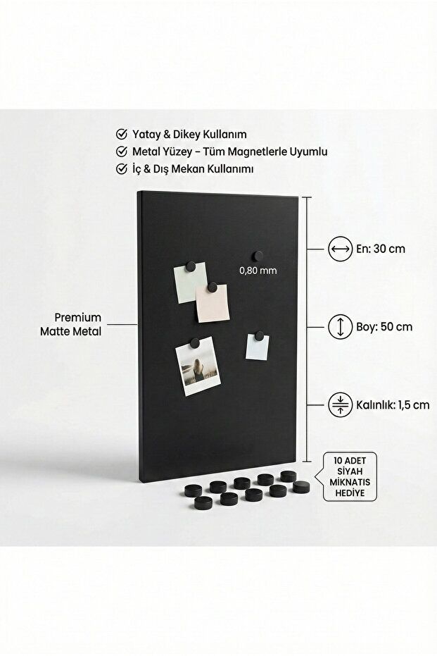 30 x 50 Cm  Dekoratif Metal Mıknatıslı Pano Magnet Panosu 10 Adet Siyah Mıknatıs Hediyeli SİYAH