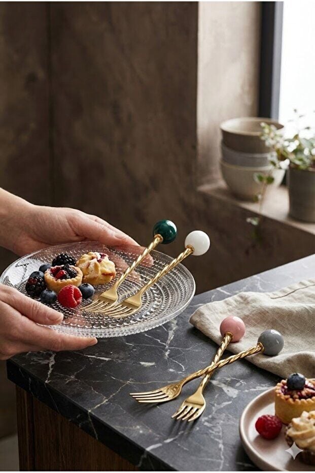 The Mia Globe Kek Çatalı Gri-Pembe-Beyaz-Yeşil 16 Parça