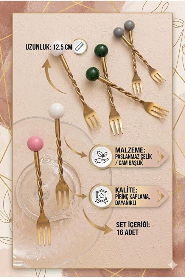 The Mia Globe Kek Çatalı Gri-Pembe-Beyaz-Yeşil 16 Parça