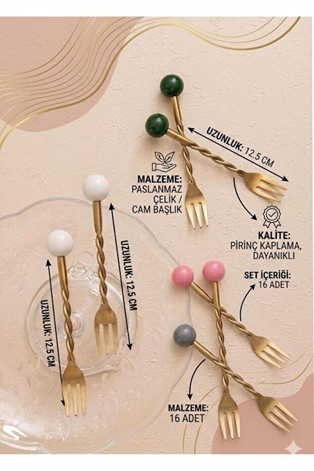 The Mia Globe Kek Çatalı Gri-Pembe-Beyaz-Yeşil 16 Parça