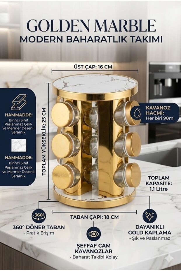 Golden Marble 360° Döner Baharatlık Takımı 12’li