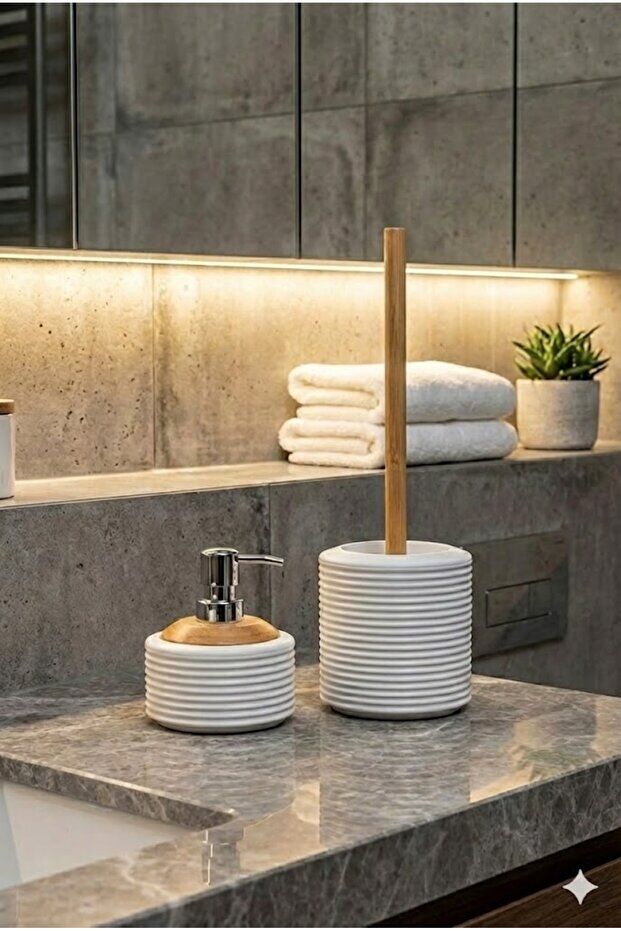 Akrilik Gövde, Paslanmaz Krom Pompa, Modern Tasarım, Bambu Detaylı 2’li Banyo Seti BEYAZ