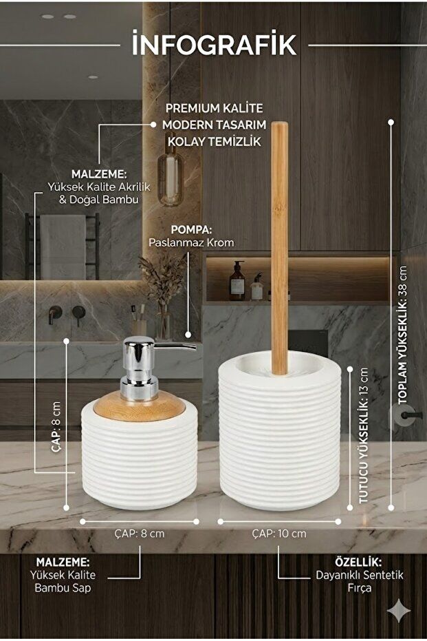 Akrilik Gövde, Paslanmaz Krom Pompa, Modern Tasarım, Bambu Detaylı 2’li Banyo Seti BEYAZ