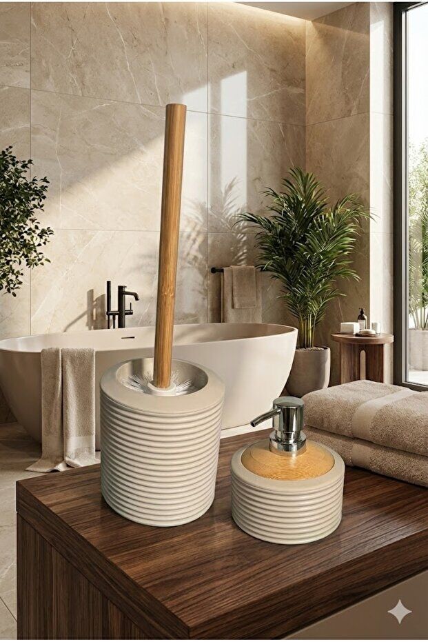 Akrilik Gövde, Paslanmaz Krom Pompa, Modern Tasarım, Bambu Detaylı 2’li Banyo Seti BEJ