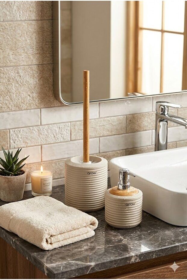 Akrilik Gövde, Paslanmaz Krom Pompa, Modern Tasarım, Bambu Detaylı 2’li Banyo Seti BEJ
