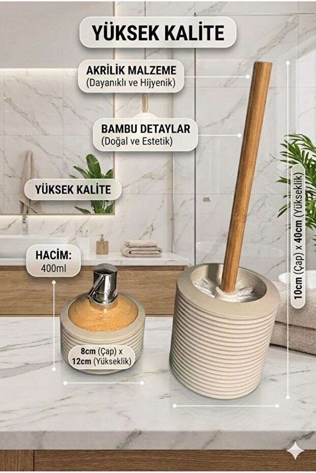 Akrilik Gövde, Paslanmaz Krom Pompa, Modern Tasarım, Bambu Detaylı 2’li Banyo Seti BEJ