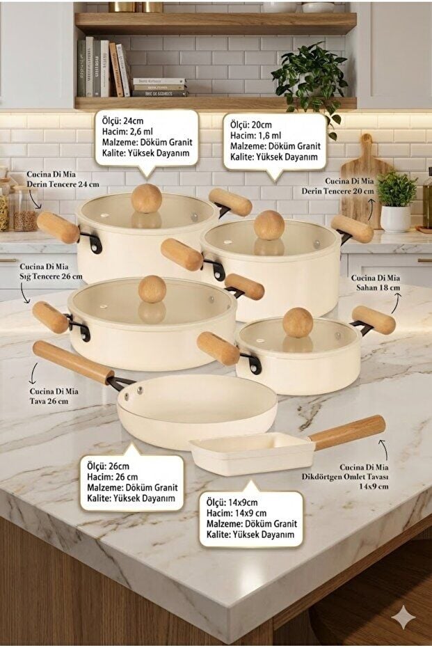 Cucina Di Mia İndüksiyon Tabanlı Seramik Tencere Tava Seti 10 Parça