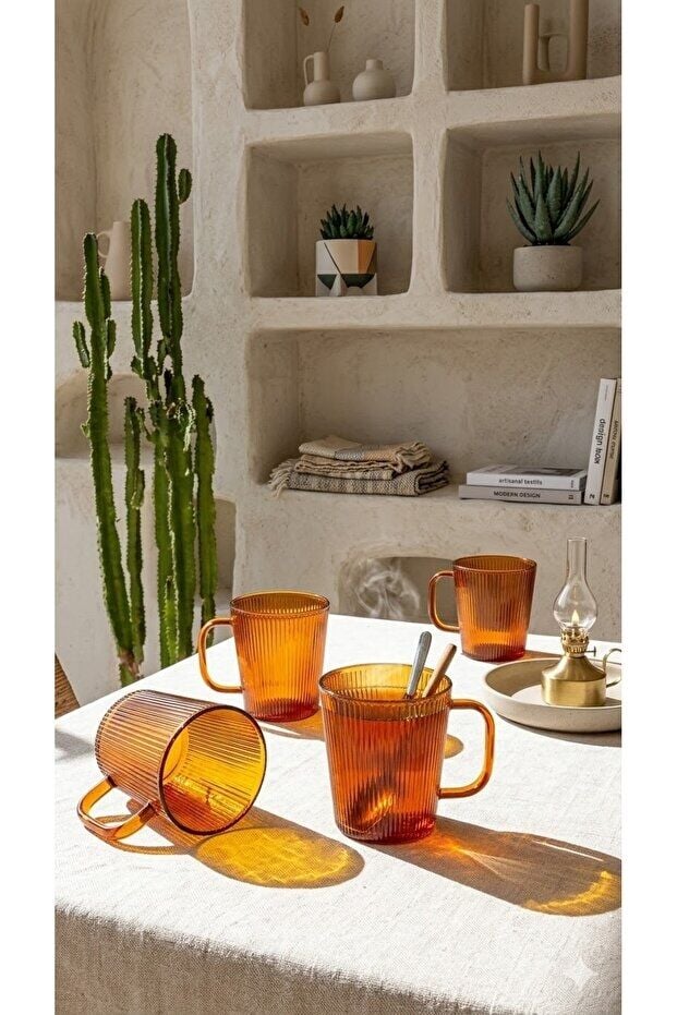 The Mia Striped Borosilikat Cam Kupa 400 ml 13 x 9 x 11 cm 4'lü Set