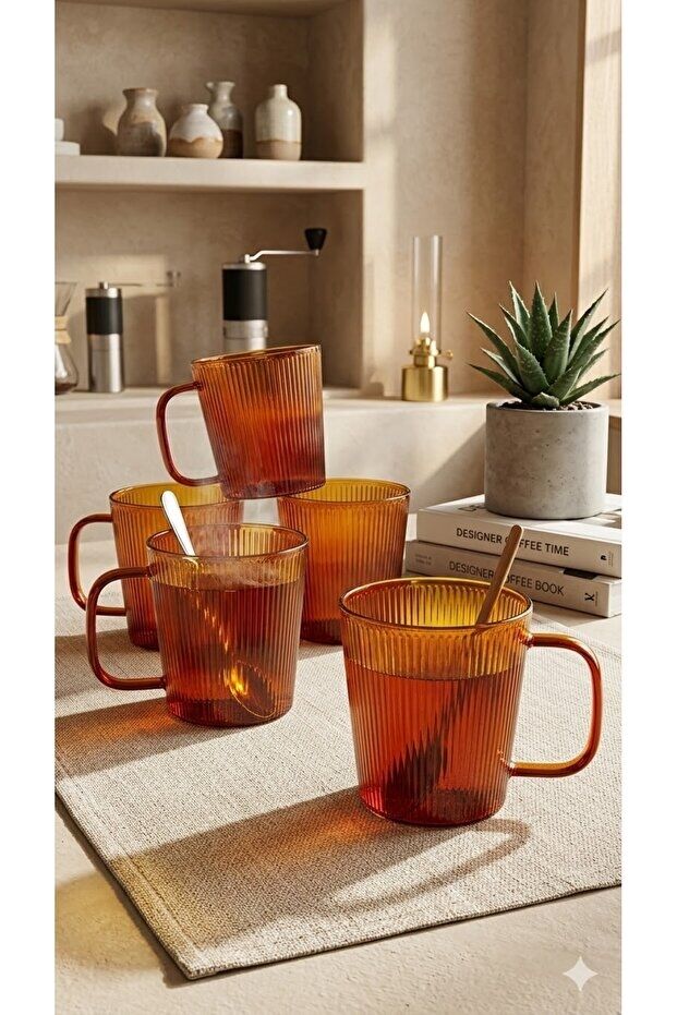 The Mia Striped Borosilikat Cam Kupa 400 ml 13 x 9 x 11 cm 4'lü Set