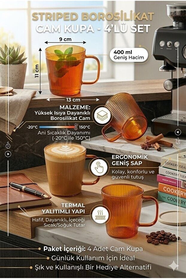 The Mia Striped Borosilikat Cam Kupa 400 ml 13 x 9 x 11 cm 4'lü Set
